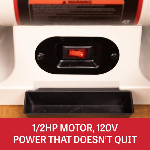 Power switch of Eight Inch Bench Grinder With Integrated Led Work Lights And Built In Coolant Tray Powered By One Half Hp Motor Delivering Three Thousand Four Hundred Fifty Rpm.