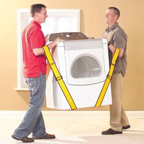 Two men using Badass Forearm Moving Straps to lift a dryer, demonstrating heavy load support and scratch-free flooring.