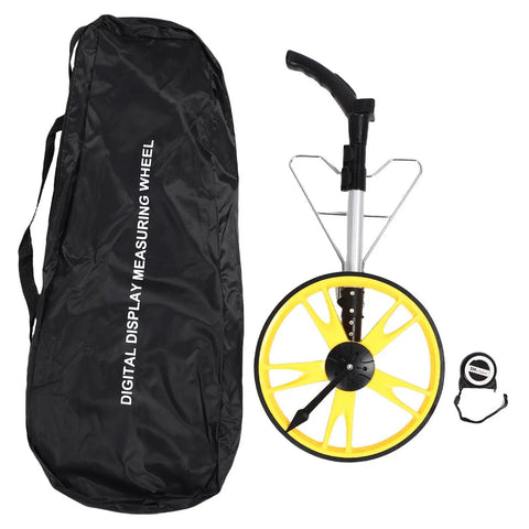 Keenso Digital Measuring Wheel 9999.9M Telescopic Design with yellow wheel and carrying bag, ideal for precise measurements.
