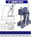 Heavy Duty Cast Iron Arbor Press 0.5 To 2 Ton Desktop Punch Machine For Stamping Bending Stretching And Forming Metal Sheets With Zero Sweat Precision Control On Your Bench diagram and press illustration.