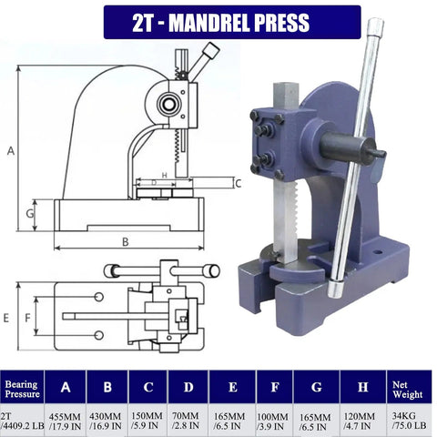 Heavy Duty Cast Iron Arbor Press 0.5 To 2 Ton Desktop Punch Machine For Stamping Bending Stretching And Forming Metal Sheets With Zero Sweat Precision Control On Your Bench diagram and press illustration.