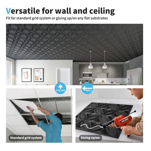 Black PVC Drop Ceiling Tile 2x2 Ft With Glue Up 3D Wall Panel Look shown installed on ceiling and wall in kitchen and grid system setup
