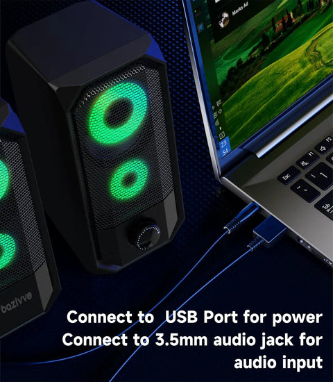 Desktop Computer Speakers Hi Res Stereo Pair With Dual 5W Full Range Drivers USB Powered And 3.5mm AUX Input Volume Knob 6 RGB Light Modes