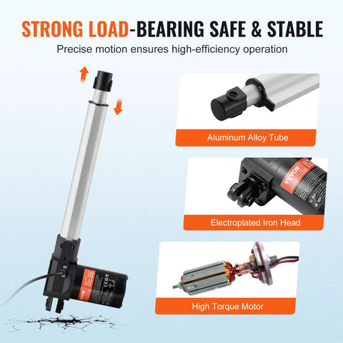 Diagram of 12V Linear Actuator, 10 Inch Stroke, Heavy Duty 1320lbs and 6000N Lift, showing aluminum tube, iron head, and motor components.