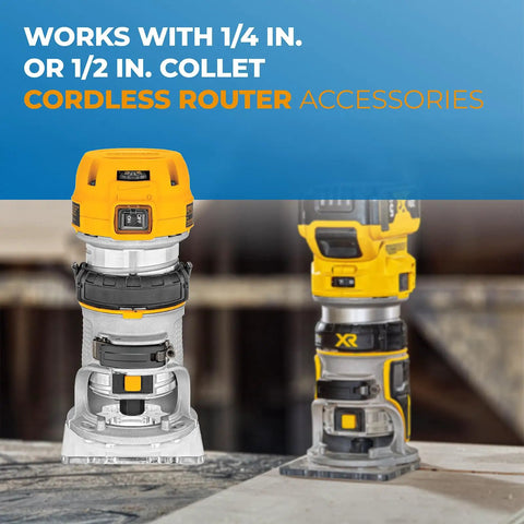 Centering Cone For Routers DNP617 Fits Fixed Base Compact Subbase with cordless router accessories on workbench