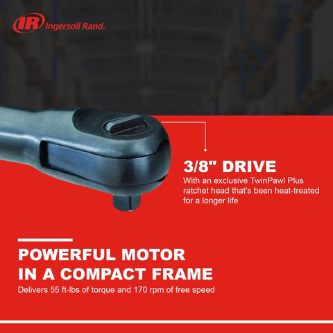 Close-up of Three Eighths Inch Air Ratchet Wrench With 55 Foot Pounds Of Torque And 170 RPM Heat Treated Ratchet Head