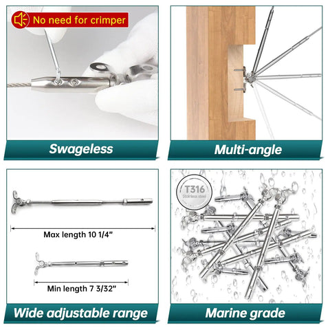 Swageless Cable Railing Kit For Wood Posts With One Eighth Inch Toggle Turnbuckles T316 Stainless Steel adjustment features