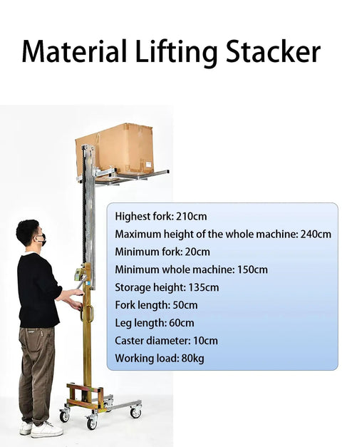Heavy Duty Manual Pallet Stacker With No Sweat Hand Crank Lever, 80Kg Capacity Foldable Galvanized Steel Forklift For Warehouse Garage Jobs, 210Cm Lift Height in use lifting a box.