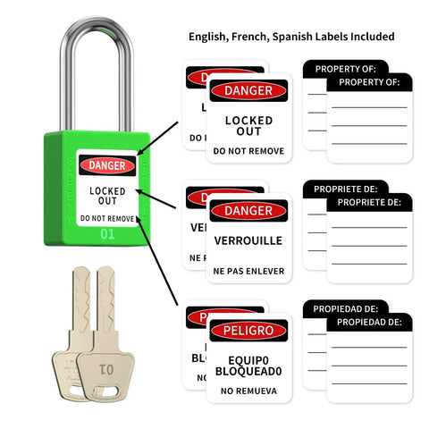 Heavy Gauge Stainless Steel Lockout Tagout Padlocks With 5 Pack Keyed Different Green Safety Locks And OSHA Compliant Lototo Set Offering Dual Keys with labels