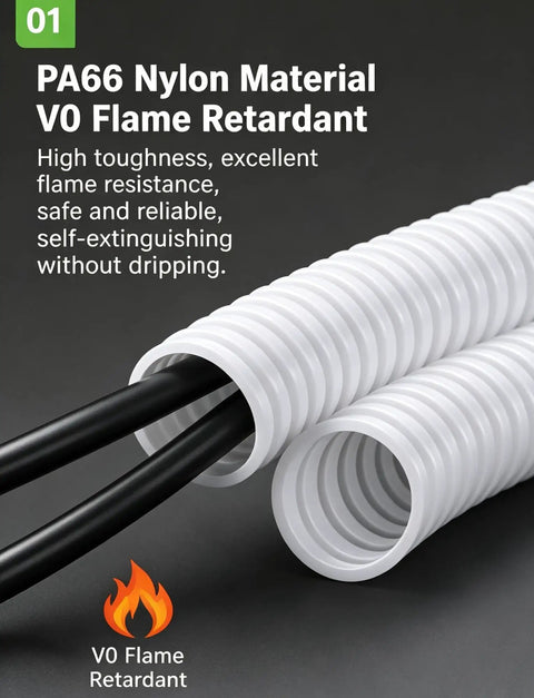 Heavy Duty PA66 Nylon Corrugated Conduit With Flame Resistant Sheathing For Zero Hassle Cable Routing And Bulletproof Wire Protection Across All Applications, showing black wires protected by white corrugated conduit.