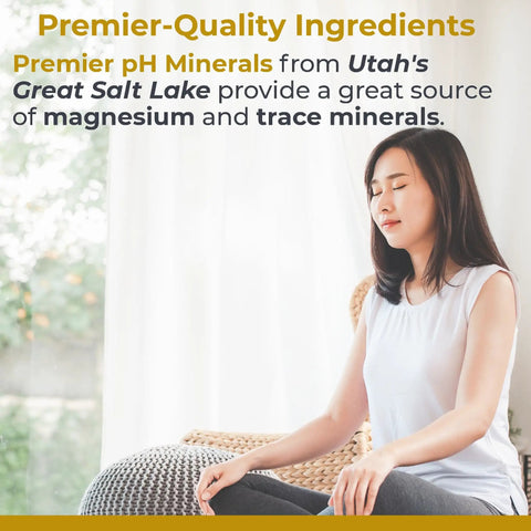 Woman meditating with text highlighting PH Minerals' magnesium and trace minerals from Utah's Great Salt Lake.