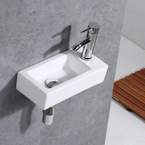 Bathroom Corner Sink With Wall Hung Mount, Rectangular Ceramic Cloakroom Basin In White, Faucet And Drain Included, Compact