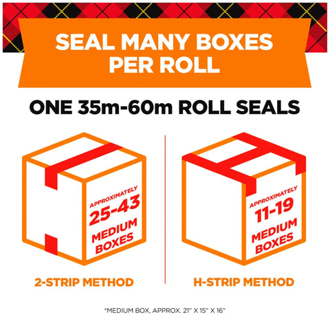 Infographic showing how Ridiculously Strong Clear Packing Tape For Moving And Home Storage Boxes Heavy Duty Self Sealing Adhesive 1.88 By 54.6 Yards seals many boxes per roll.