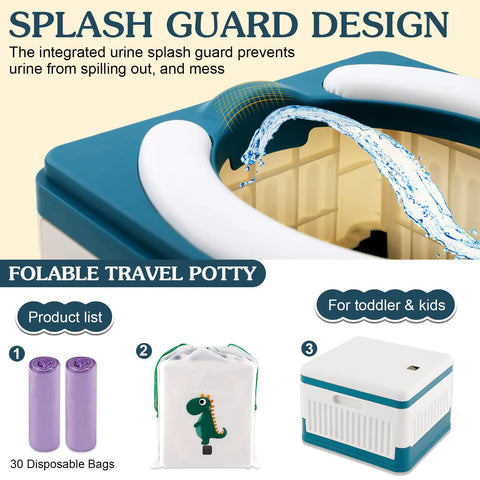Foldable Portable Toddler Potty For Travel And Potty Training showing splash guard design, 30 disposable bags, and a carrying pouch.