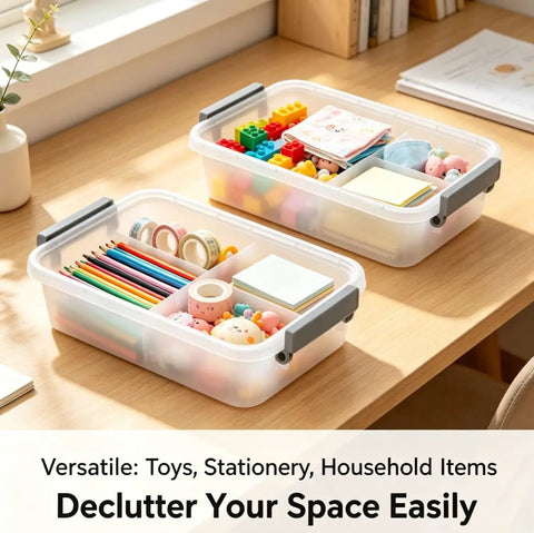 2 Pack Stack Em High Modular Storage Totes With Gray Write-On Lids, BPA Free Clear Plastic Bins designed for craft supplies and beauty goods.