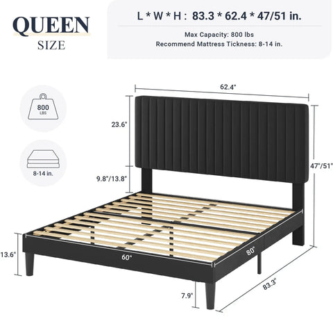 Queen Size Bed Frame With Plush Velvet Upholstery And Channel Tufted Headboard Boasting Solid Wooden Slats For No Sweat Mattress Support Big Time Comfort Black Bedroom Setup dimensions and specifications, 800 lbs capacity.