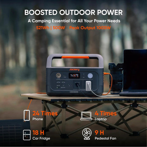 Go Anywhere 512Wh LiFePO4 Portable Power Station on camping table with 500W continuous power and 1000W peak, shown with accessories.