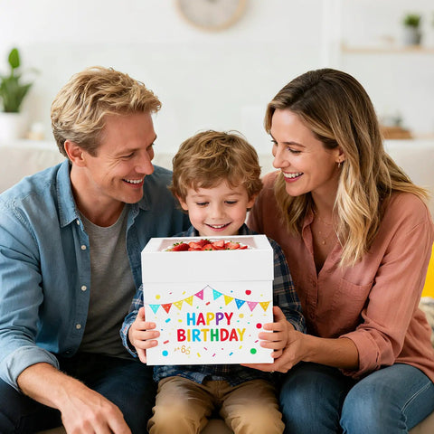 Family celebrating with 5 Pack 8 Inch Cake Boxes Built Tough With Heavy Duty Cardboard And Big Clear Window Bakery Containers.