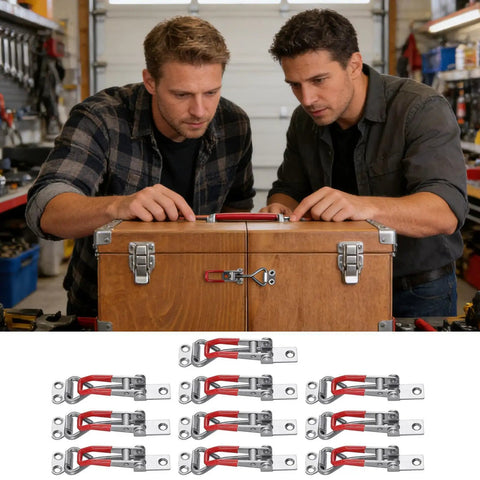 Heavy Duty Toggle Latches With Adjustable Over Center Clamp Rust Resistant Metal Fasteners on wooden box in workshop