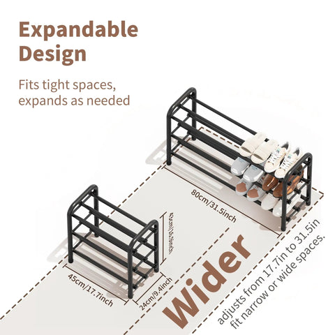 3 Tier Expandable Shoe Rack With Adjustable Telescopic Design For Entryway Or Walk In Closet Sneaker Storage Organizer shown in expandable design with dimensions.