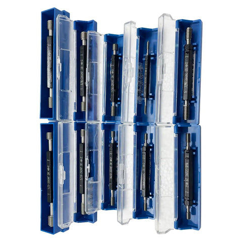 10 Piece Double Threaded Screw Plug Gauge Set With Go No Go shown in blue storage box, includes various ANSI Class 2B sizes.