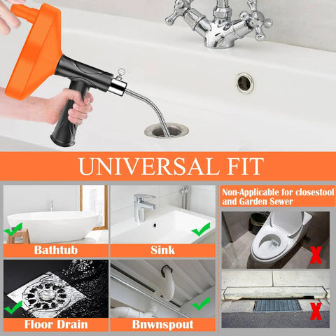 Heavy Duty 33 Foot Drain Snake Auger With Flexible Steel Cable for universal fit in sinks, tubs, and floor drains.