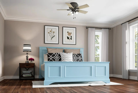 Bedroom with 42 Inch Indoor Ceiling Fan With LED Lights And Pull Chain Kickin Low Profile Flush Mount 5 Blades Quiet Ceiling Fan For Bedroom Living Room Or Kitchen Noble Bronze Finish Model 52153, mounted on ceiling above bed.