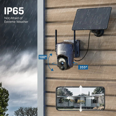 Totally Wireless Outdoor Security Camera With Solar Power, 2K Resolution, 360 Degree PTZ, wall mount, solar panel, rainproof IP65