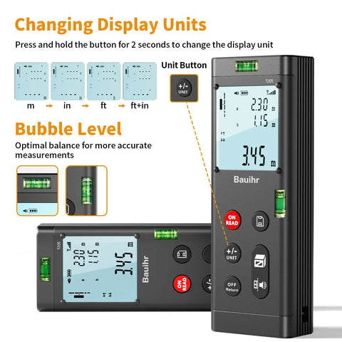 Dual Laser Distance Meter Workhorse With 393 Foot Range Aluminum Body Rechargeable Battery Real Time Measurements Every Half Second All In One Tool For Measuring Area Volume And Angles With 3mm Precision Class II Laser changing display units