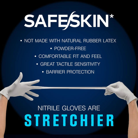 SafeSkin nitrile exam gloves banner with two gloved hands pulling a stretched strip against a blue backdrop