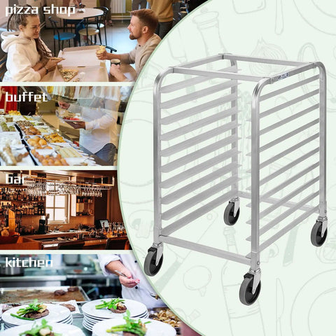 Mobile 10 Tier Bun Pan Rack With Wheels, Heavy Duty Aluminum Sheet Pan Rack Holds 10 Full Size Or 20 Half Size Pans, 90 Lb Per Shelf