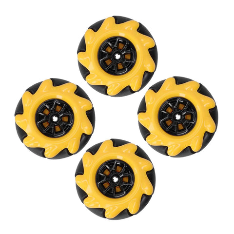48mm mecanum wheels for omnidirectional robots with rubber coating, shown in a set of four, designed for smooth movement and traction.
