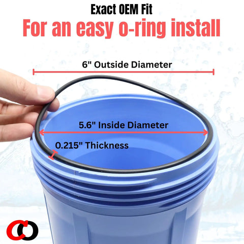 Hand holding O-ring over blue water filter housing showing dimensions, from 'Three Pack Replacement O Rings For 3M AP801 AP801C AP802'