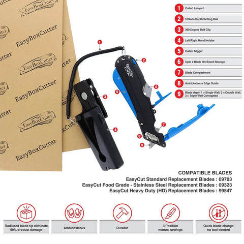Heavy Duty Box Cutter With Three Adjustable Blade Depths And Precision Edge Guide Slick Utility Knife with holster and lanyard.