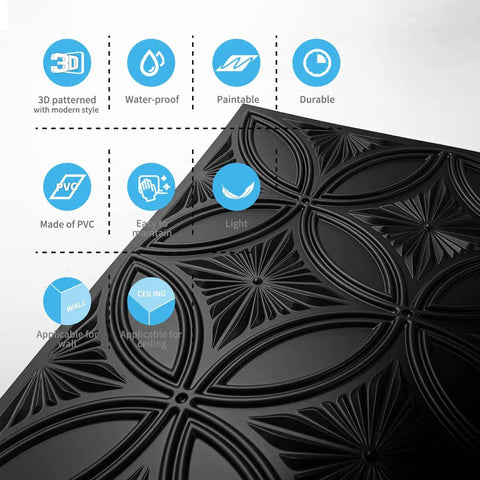 Black PVC Drop Ceiling Tile 2x2 Ft With Glue Up 3D Wall Panel Look, 24x24 In, 12 Pack, features and design details shown