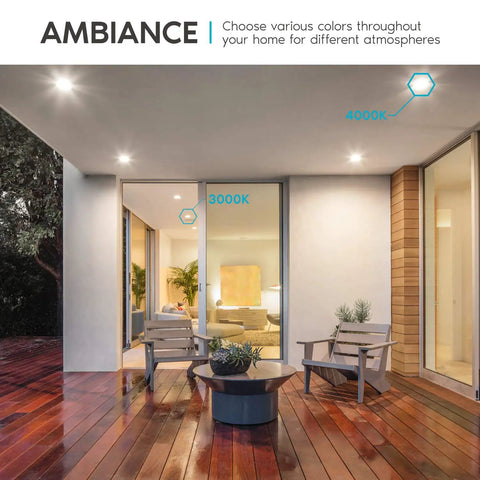 Outdoor setting with 4 Inch Square Recessed LED Can Lights With Dope Color Temperature Options 2700K To 5000K Dimmable, showing 3000K and 4000K.