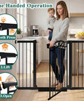 Woman using Ultra Wide Baby Gate With Door, Fits 65.4 To 68.1 Inches, 30 Inch Tall, Pressure Mounted No Drill, Black, Easy Auto Close
