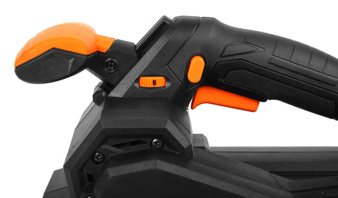 Cordless Belt Sander With Variable Speed, Handheld And Portable, 3 By 18 Inch Belt, lock-on trigger and handle detail
