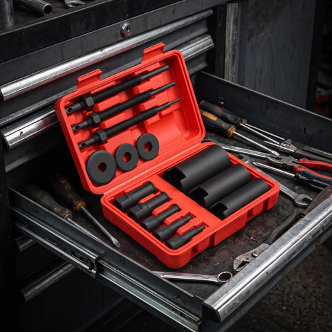 Heavy Duty 14 Piece Bearing Removal Tool Kit For Mechanics And Home Garage Featuring Inner Bearing Puller Set With Rods And Sleeves For Disassembly On Cars Bikes Or Machines Plus Storage Box To Keep Parts Safe Handling Stuck Bearings Is Easy As Pie, open case with rods and sleeves
