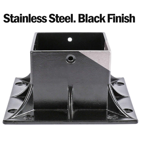 Close-up of Stainless Steel Wood Post Anchor For 3.5 By 3.5 Posts, 4x4 Nominal, Black Finish with base and mounting holes