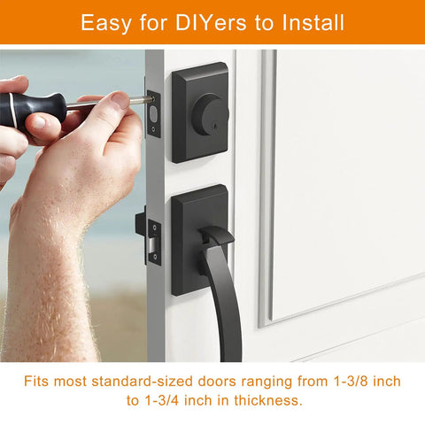 Installing Matte Black Front Door Handle Set With Deadbolt And Lever, Heavy Duty Double Door Lock Kit on white door.