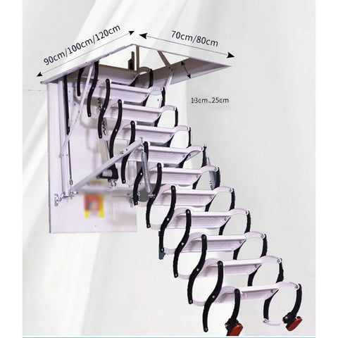 No Sweat Automatic Electric Telescopic Attic Ladder Solid Titanium Alloy Folding Steps, white finish with remote control.