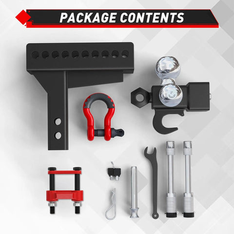Adjustable Heavy Duty Tri Ball Trailer Hitch For 2 Inch Receiver With 4.5 Inch Rise And Drop Includes One And Seven Eighths Inch, Two Inch, And Two Five Sixteenths Inch Trailer Balls Tow Hook And Shackle 10000 Lb GTW 1000 Lb TW Pin Lock And Hitch package contents layout
