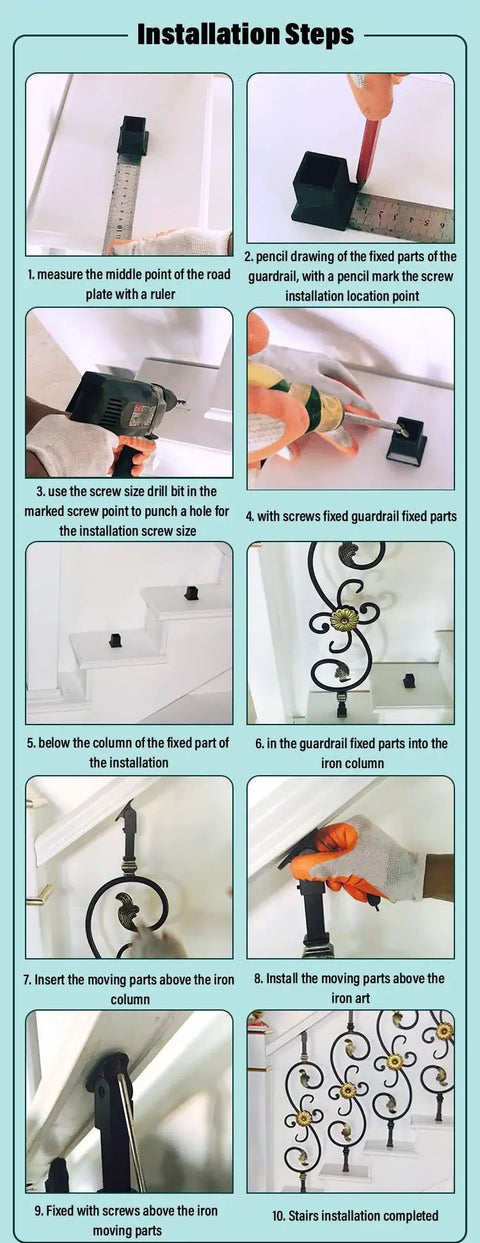 Installation steps for Top Shelf Black Wrought Iron Railing Posts And Balusters For Deck Backyard Porch And Balcony, 37 Inch.