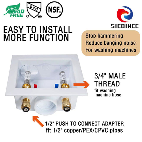Washing Machine Outlet Box With Water Hammer Arrestor And One Quarter Turn Ball Valves Stop Hammering Noise Easy Install Inlet Half Inch Push To Connect Outlet Three Quarter Inch Male Thread Durable Brass Construction shown with installation details.