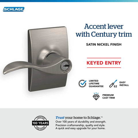 Accent Lever With Century Trim Keyed Entry Lock In Satin Nickel, Reversible For Left Or Right Swing Doors, Self Aligning Screw Holes