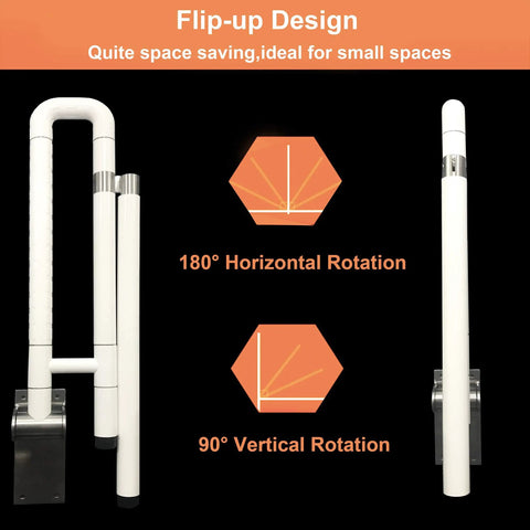 Foldable Stainless Steel Toilet Grab Bar With 304 Grade Frame Anti Slip Shower Handrail Flip Up Design with 180° and 90° Rotation