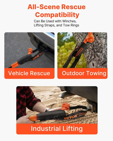 Two Pack 1/2 Inch By 22 Inch Synthetic Soft Shackles With 20 Ton Breaking Strength shown in vehicle, outdoor, and industrial use.