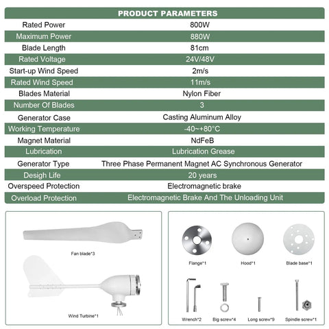 Product parameters and parts for 800W 48V Wind Turbine With Hybrid Charge Controller Kit Three Blade Outdoor Wind Power Generator for Home RV Boat Car Off Grid Living DIY Friendly And Ready To Go.