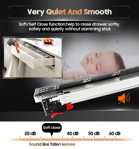 Visual showing Undermount Soft Close Drawer Slides For Cabinets With Face Frame And Frameless, ball bearing mechanism, quiet operation.